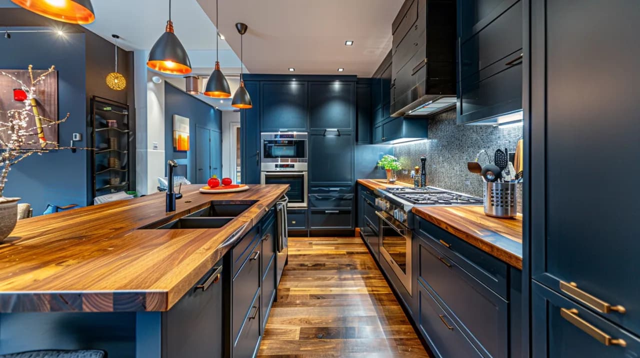 Granatowa kuchnia z drewnem: 5 pomysłów na aranżację